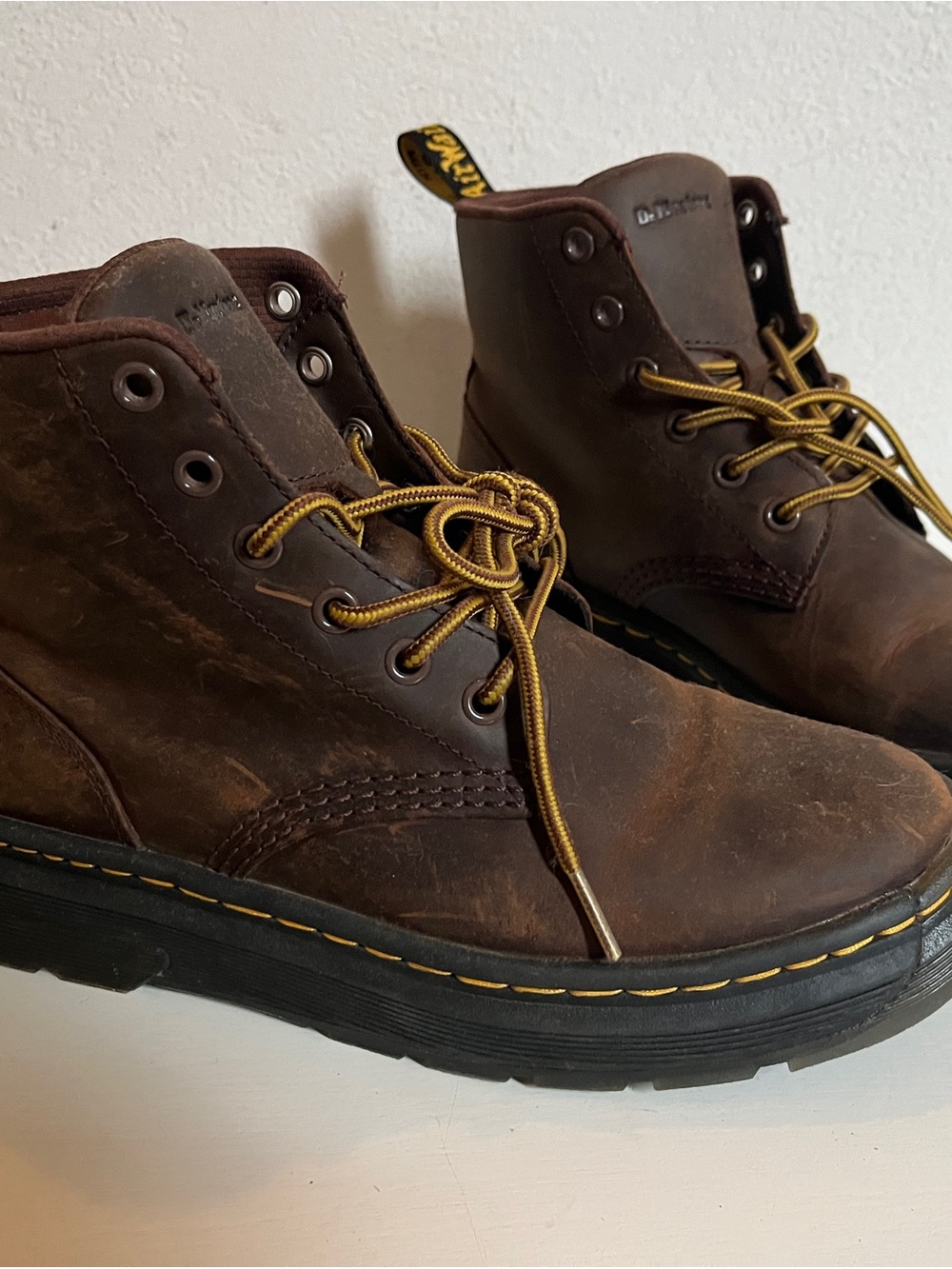 Dr. Martens Brown Leather Lace-Up Boots with Yellow Stitching - like new